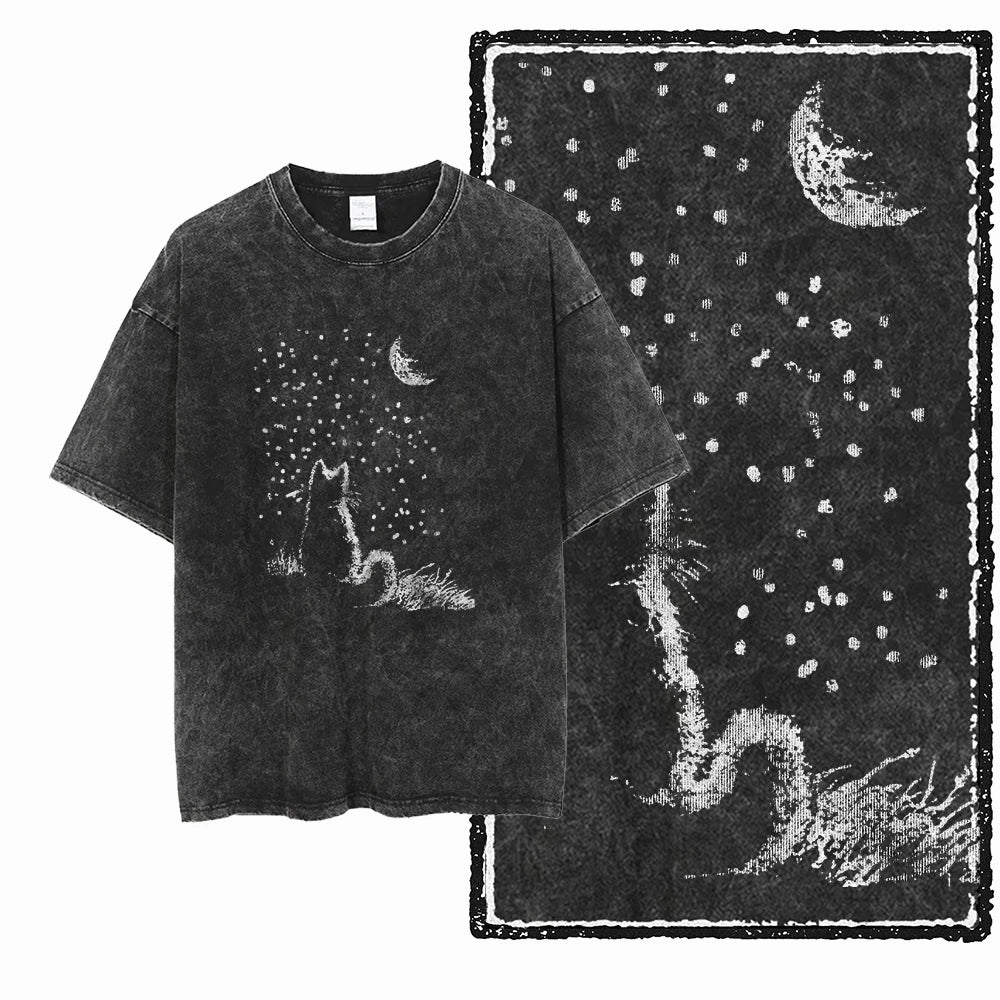 Camiseta Unissex Acid Washed – Estampa Gato, Streetwear Premium e Oversized