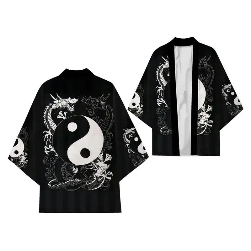Kimono Japonês Masculino Oversized 3XG ao 5XG Haori Samurai com Estampa de Dragão Estilo Tradicional Cosplay