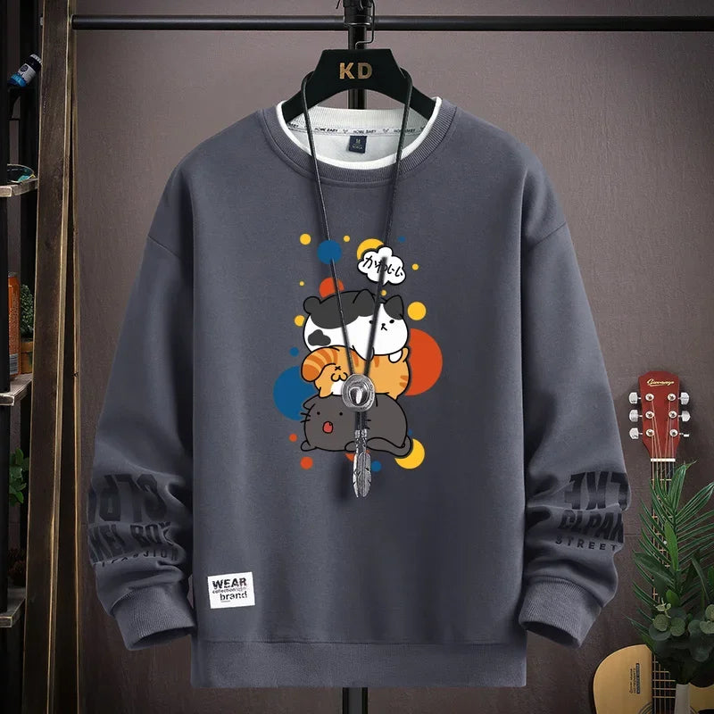 Camiseta Masculina Harajuku com Estampa de Gatos Japoneses | Camisa Manga Longa Casual Estilo Streetwear