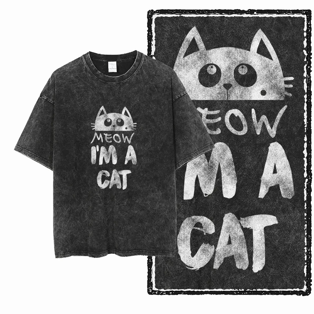 Camiseta Unissex Acid Washed – Estampa Gato, Streetwear Premium e Oversized