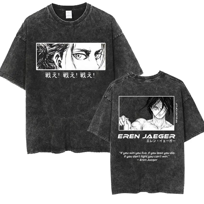 Camiseta Attack on Titan Vintage Washed – Mikasa, Eren & Wings of Freedom