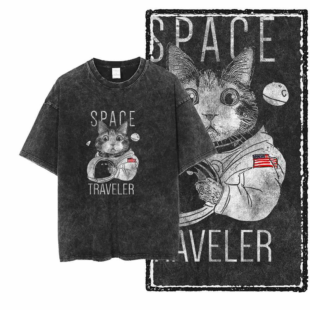 Camiseta Unissex Acid Washed – Estampa Gato, Streetwear Premium e Oversized