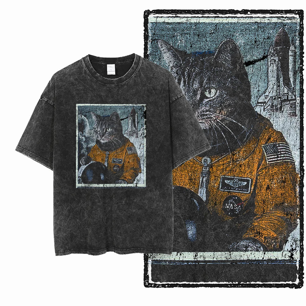 Camiseta Unissex Acid Washed – Estampa Gato, Streetwear Premium e Oversized