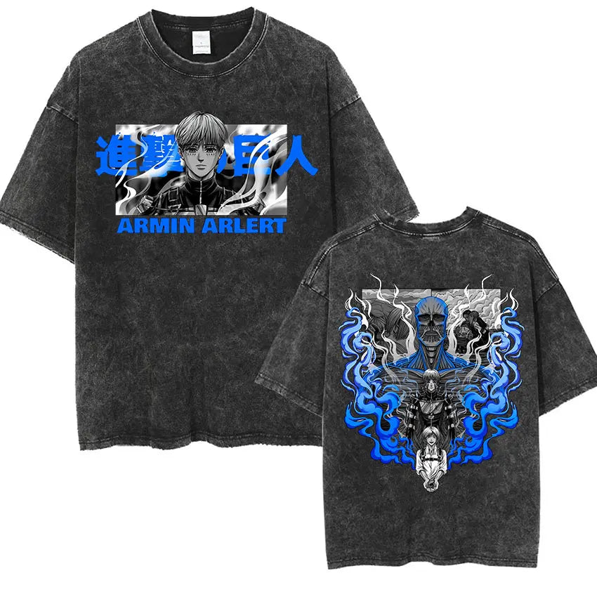 Camiseta Attack on Titan Vintage Washed – Mikasa, Eren & Wings of Freedom