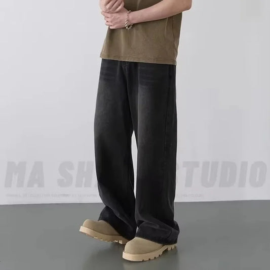 Calça Jeans Masculina Wide Leg Lavagem Vintage – Denim Casual Azul Estonado com Design Bicolor