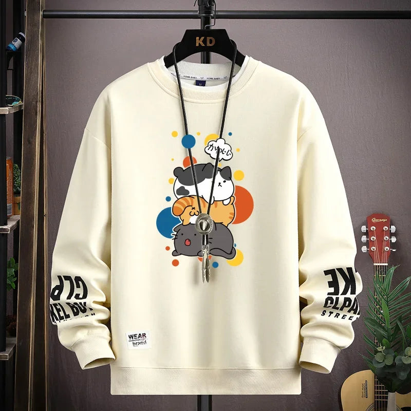 Camiseta Masculina Harajuku com Estampa de Gatos Japoneses | Camisa Manga Longa Casual Estilo Streetwear