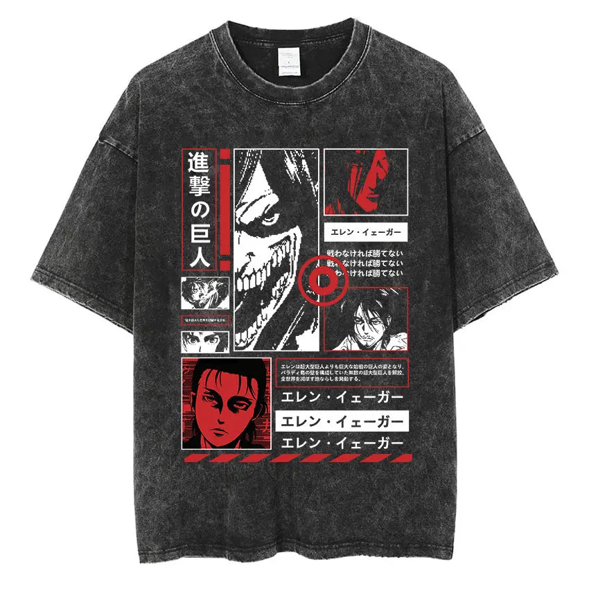 Camiseta Attack on Titan Vintage Washed – Mikasa, Eren & Wings of Freedom
