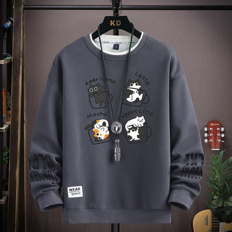 Camiseta Masculina Harajuku com Estampa de Gatos Japoneses | Camisa Manga Longa Casual Estilo Streetwear