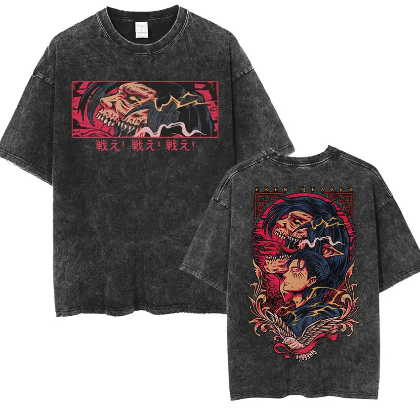 Camiseta Attack on Titan Vintage Washed – Mikasa, Eren & Wings of Freedom
