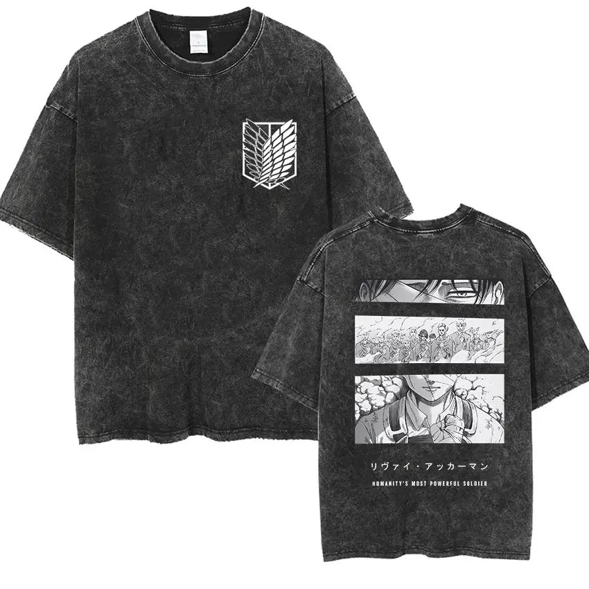 Camiseta Attack on Titan Vintage Washed – Mikasa, Eren & Wings of Freedom