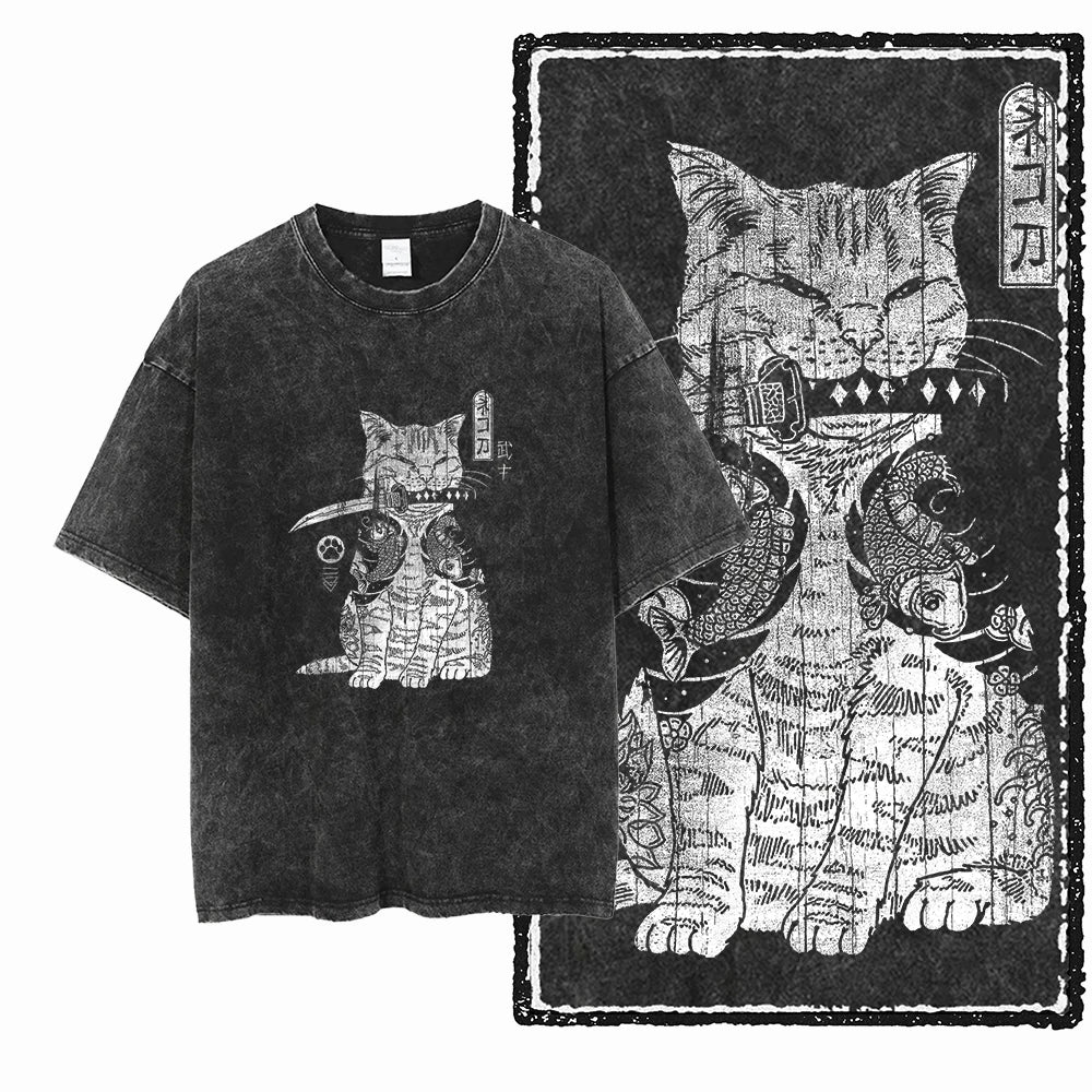 Camiseta Unissex Acid Washed – Estampa Gato, Streetwear Premium e Oversized