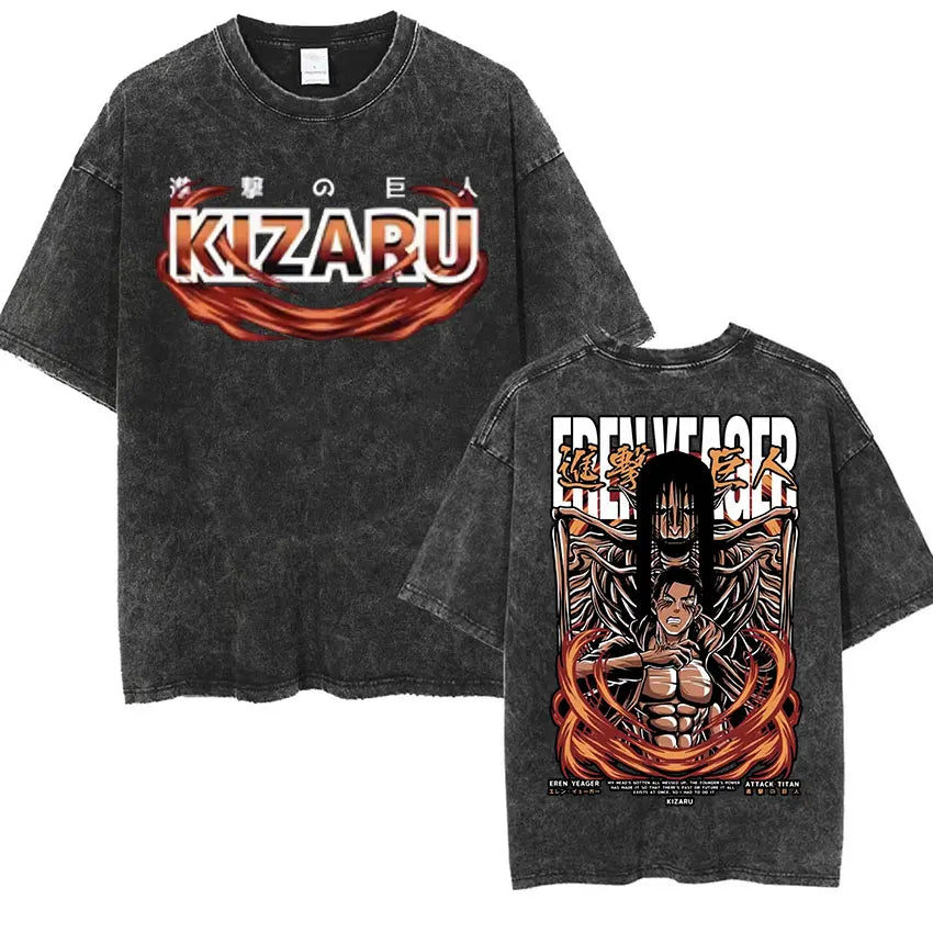 Camiseta Attack on Titan Vintage Washed – Mikasa, Eren & Wings of Freedom