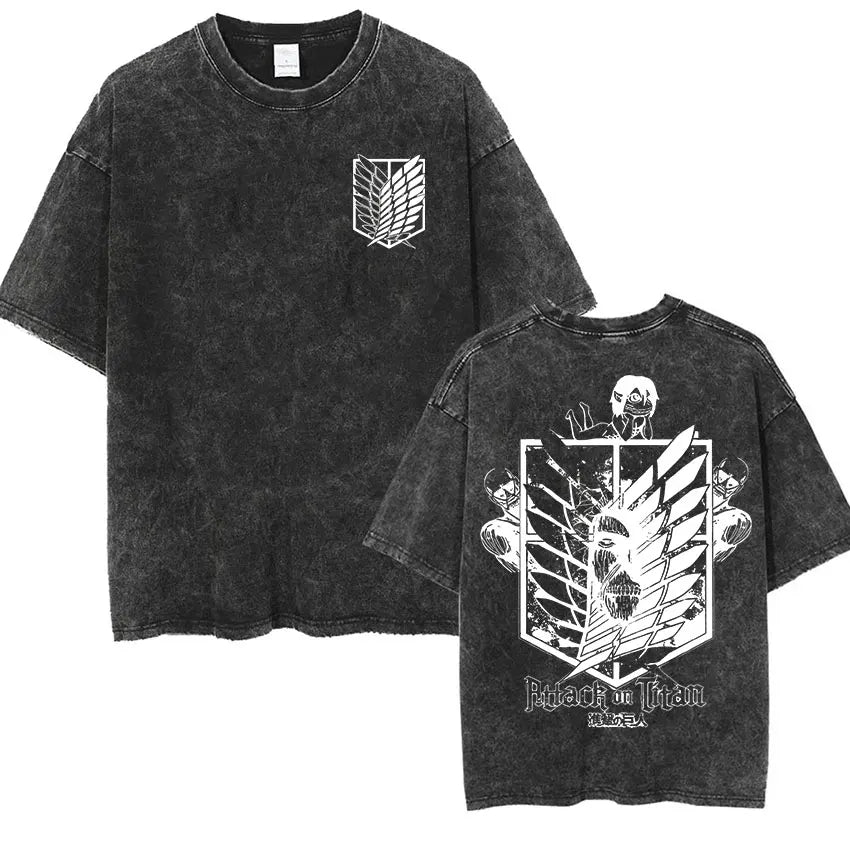 Camiseta Attack on Titan Vintage Washed – Mikasa, Eren & Wings of Freedom