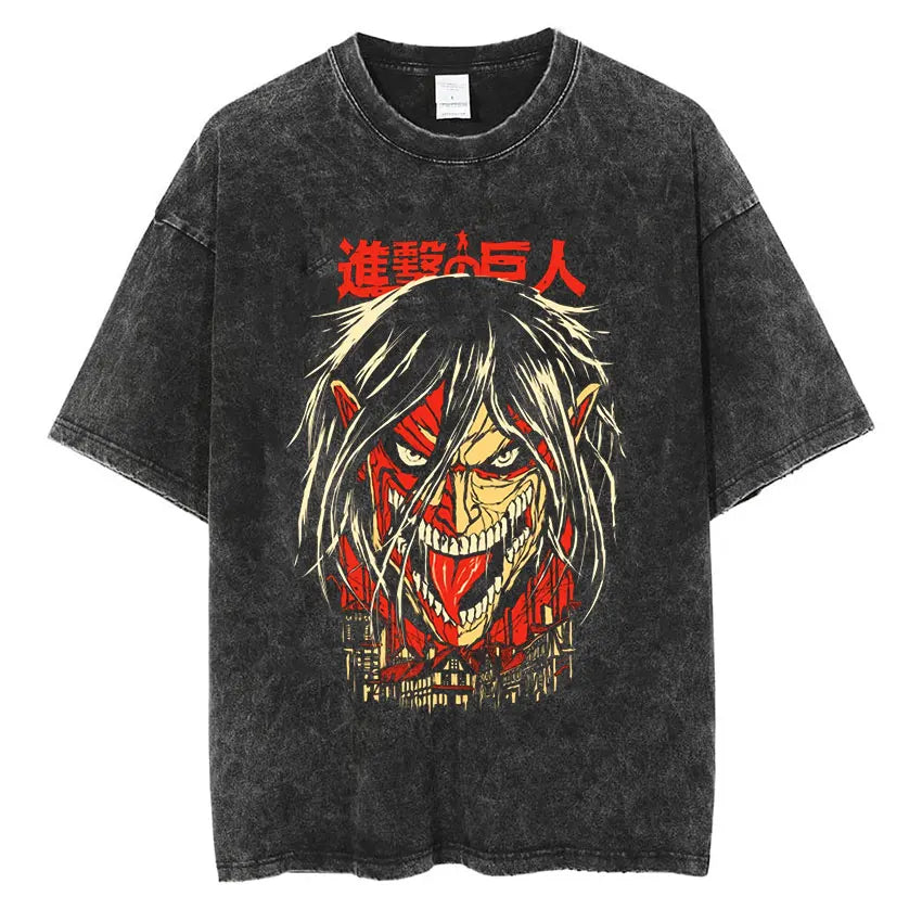 Camiseta Attack on Titan Vintage Washed – Mikasa, Eren & Wings of Freedom